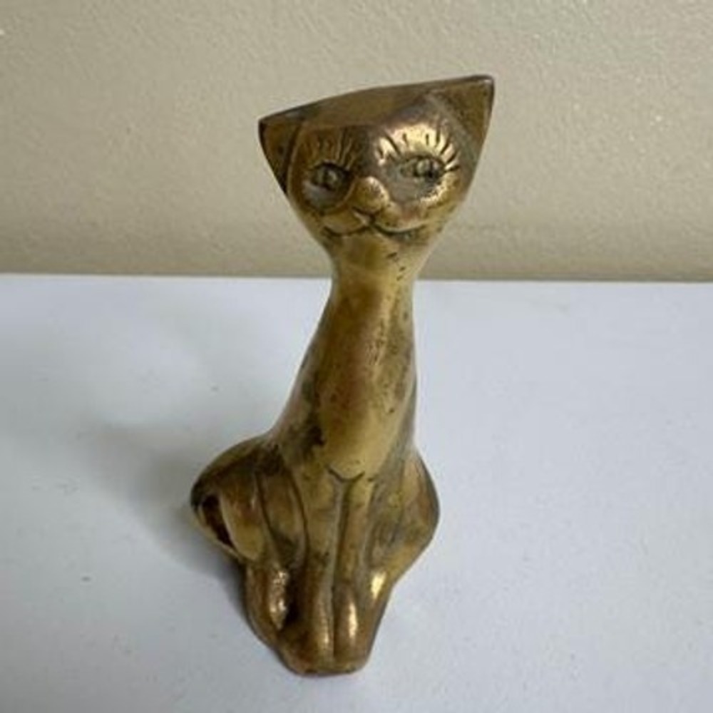 Mid-Century Modern Brass Cat Figurine – Made in Korea – Vintage MCM Style